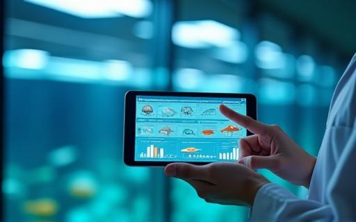 養殖場のデータを表示するタブレット